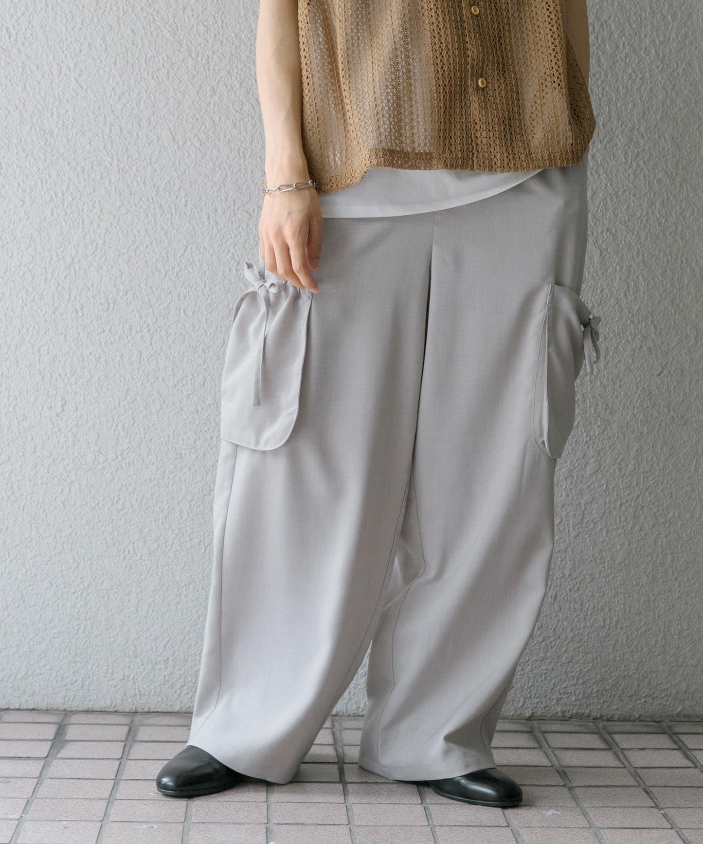 「套裝可搭配」亞麻感側袋寬鬆長褲