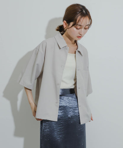 「易護理/套裝搭配/男女同款」亞麻感寬鬆五分袖襯衫