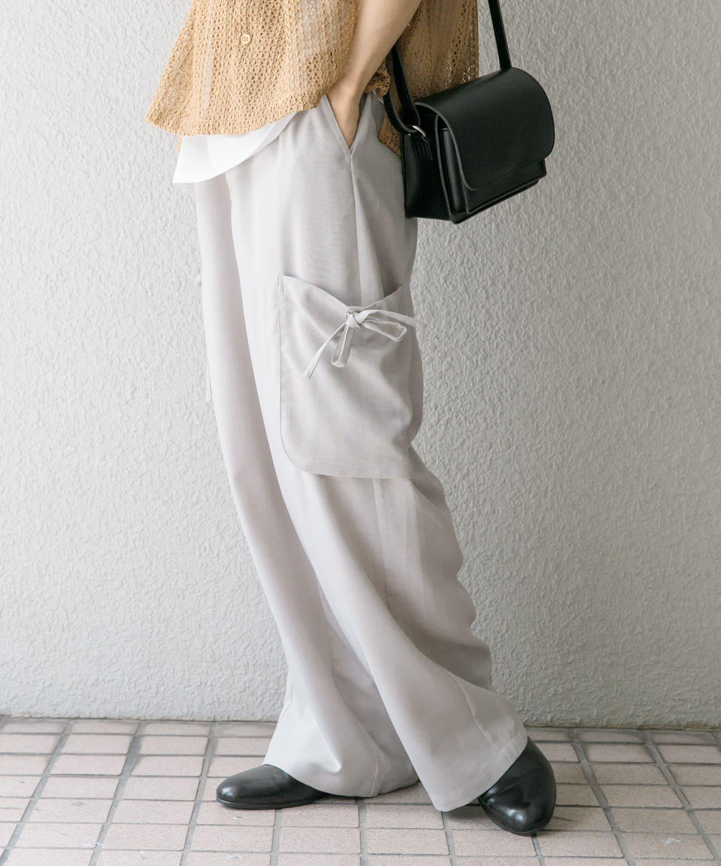 「套裝可搭配」亞麻感側袋寬鬆長褲