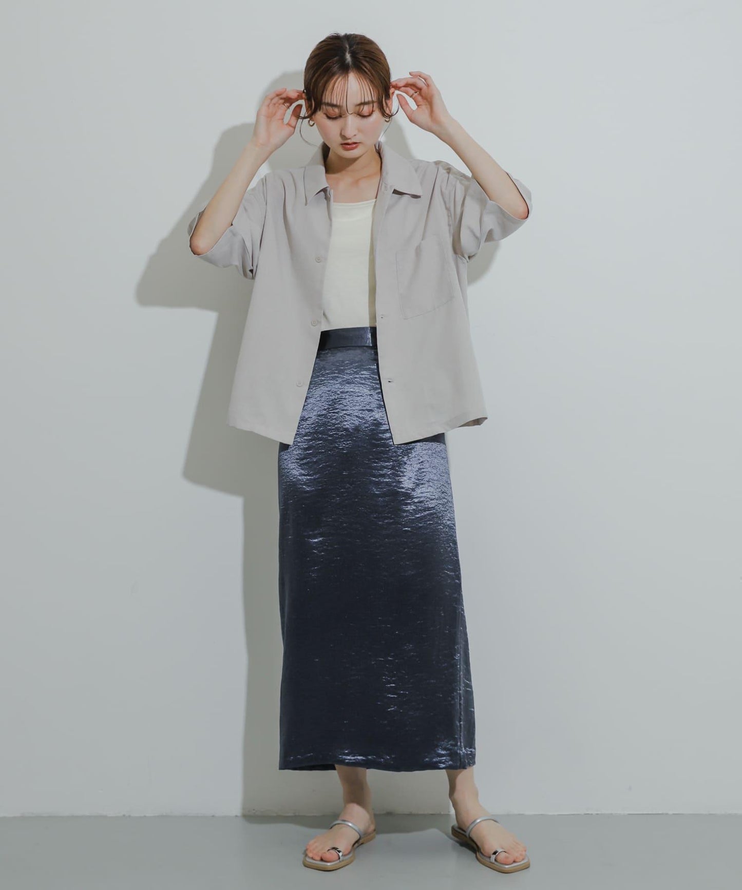 「易護理/套裝搭配/男女同款」亞麻感寬鬆五分袖襯衫