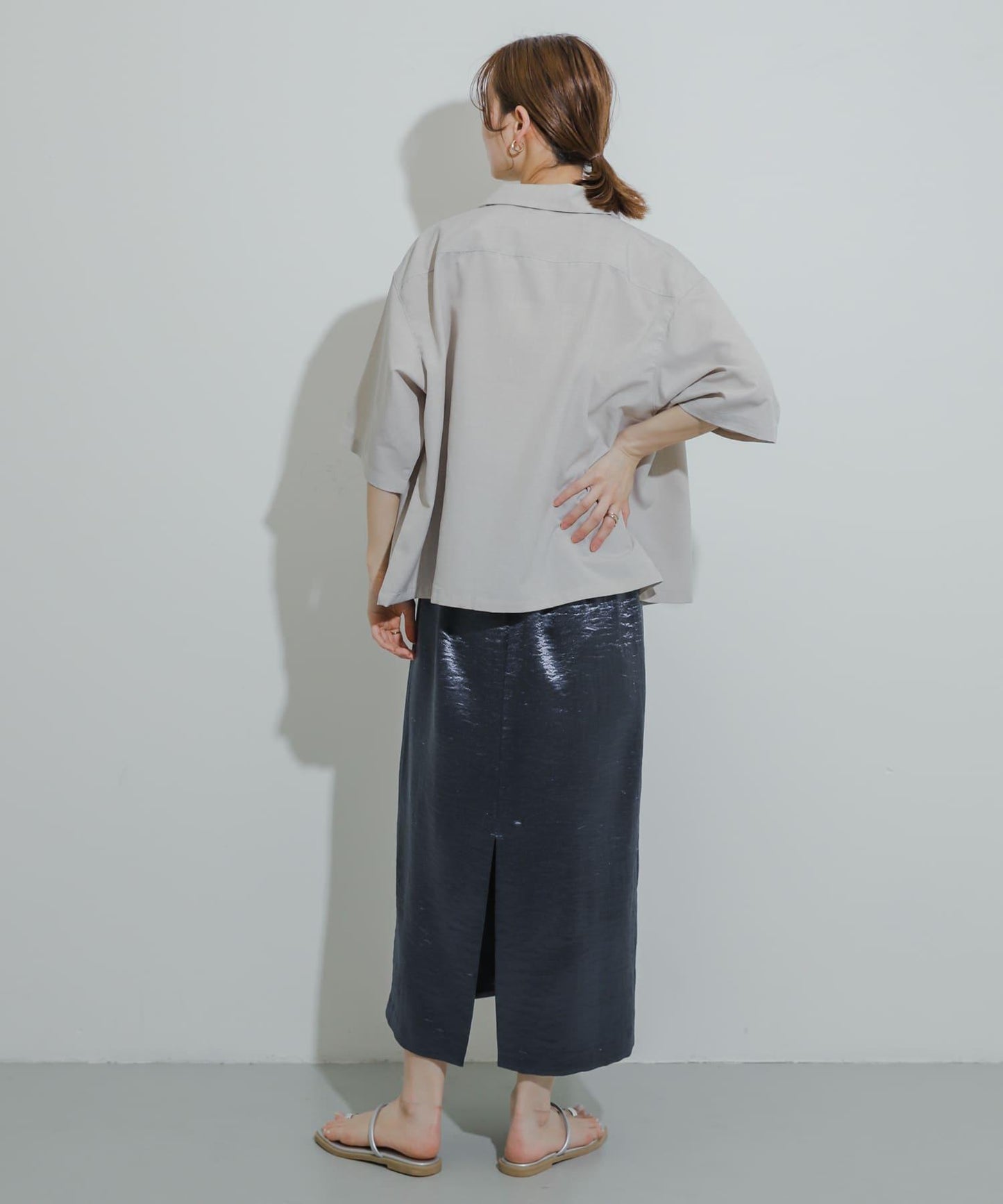 「易護理/套裝搭配/男女同款」亞麻感寬鬆五分袖襯衫