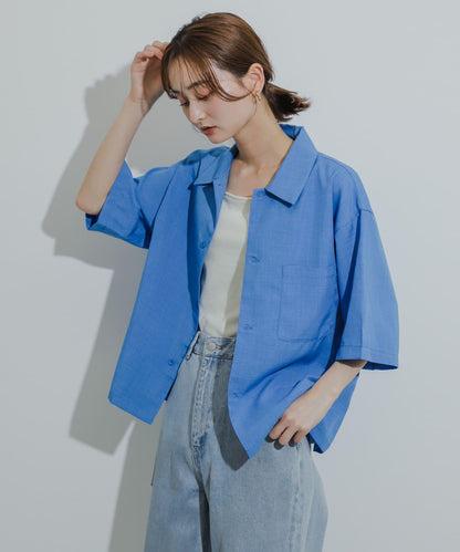 「易護理/套裝搭配/男女同款」亞麻感寬鬆五分袖襯衫