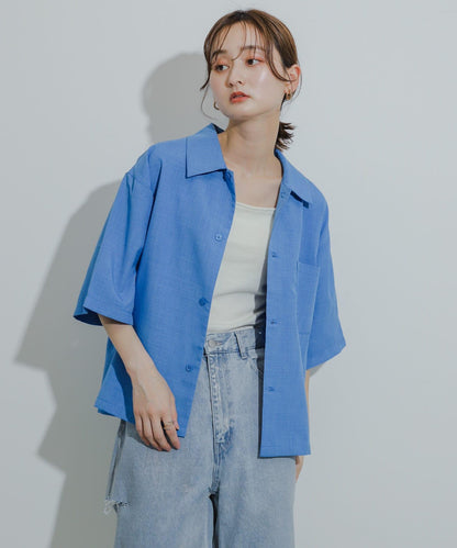 「易護理/套裝搭配/男女同款」亞麻感寬鬆五分袖襯衫