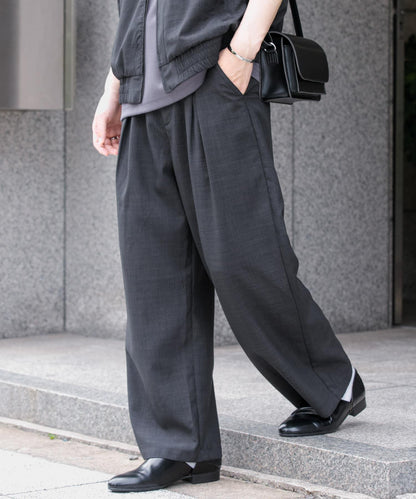 「易護理/套裝搭配」亞麻感褶皺寬腿褲