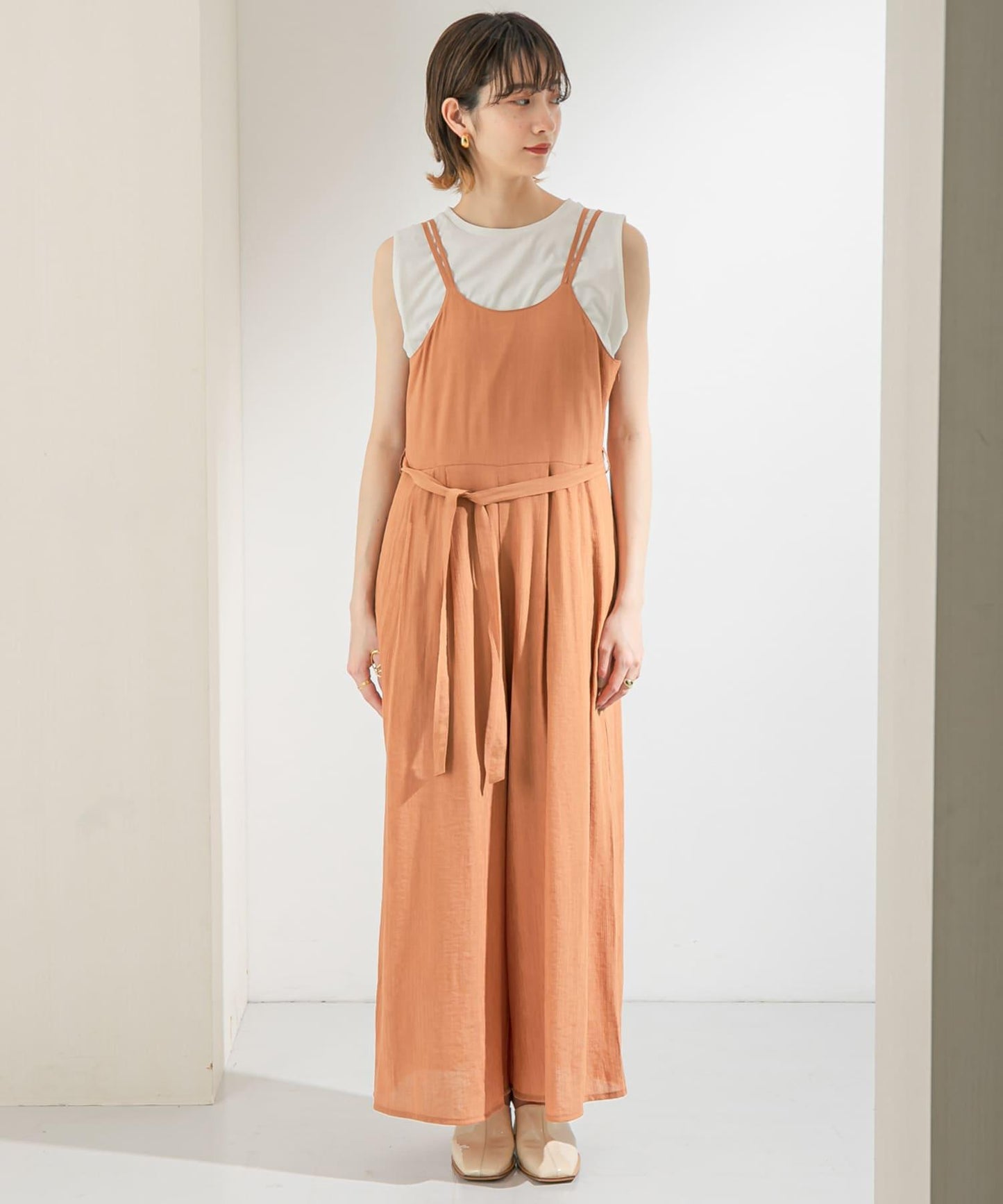 透視燈芯絨寬鬆吊帶連體褲