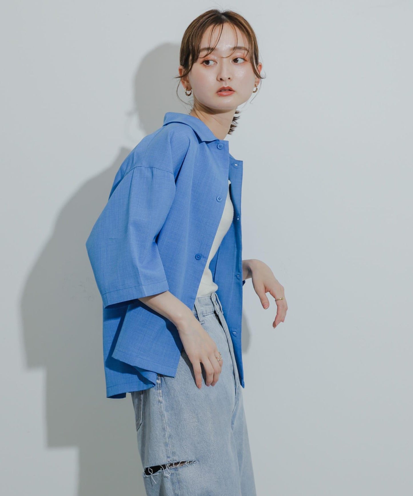 「易護理/套裝搭配/男女同款」亞麻感寬鬆五分袖襯衫