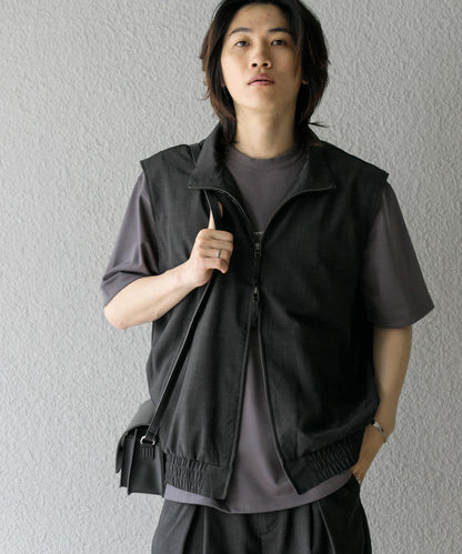 「易護理/套裝搭配」亞麻風立領雙拉鍊馬甲