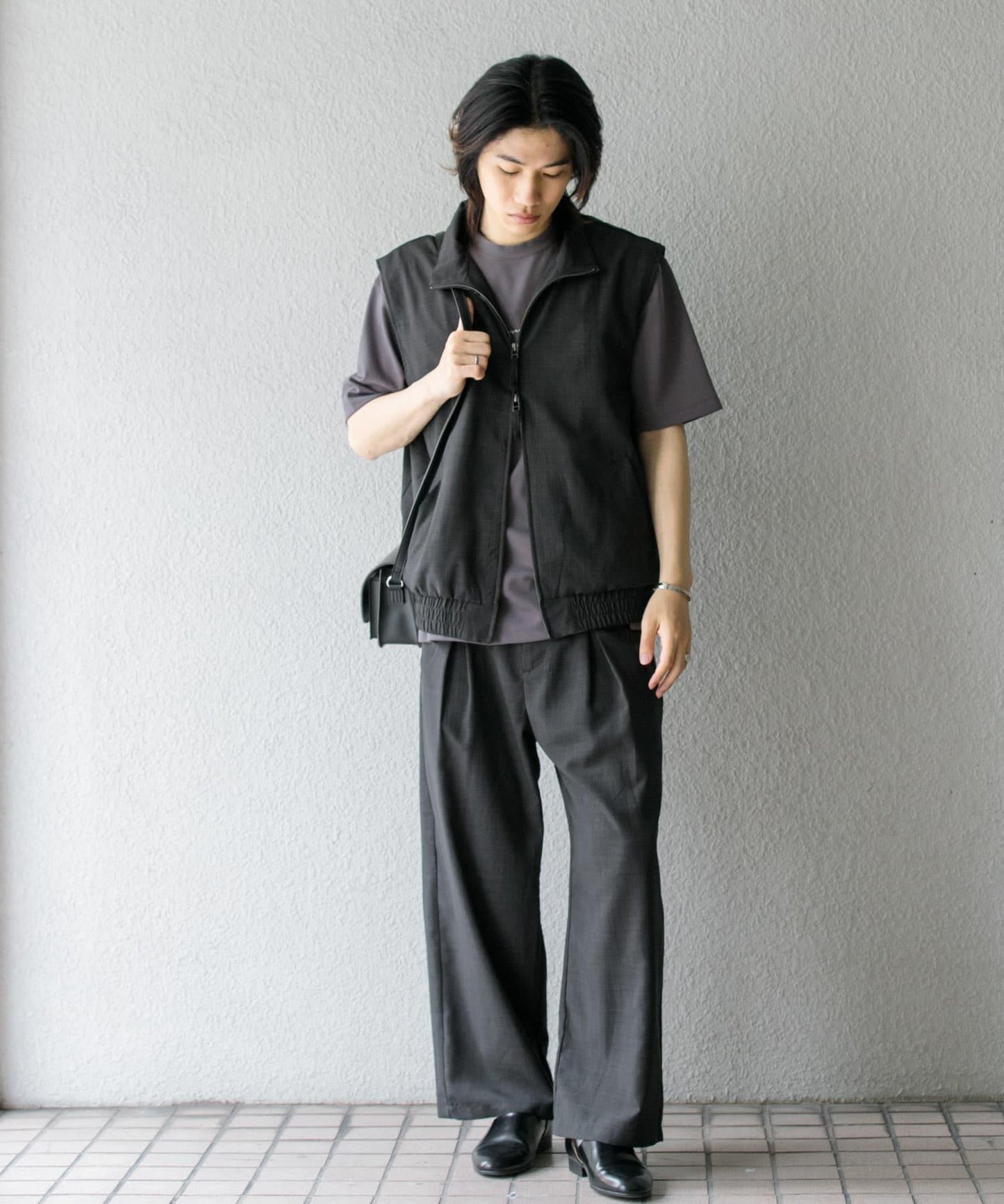 「易護理/套裝搭配」亞麻感褶皺寬腿褲