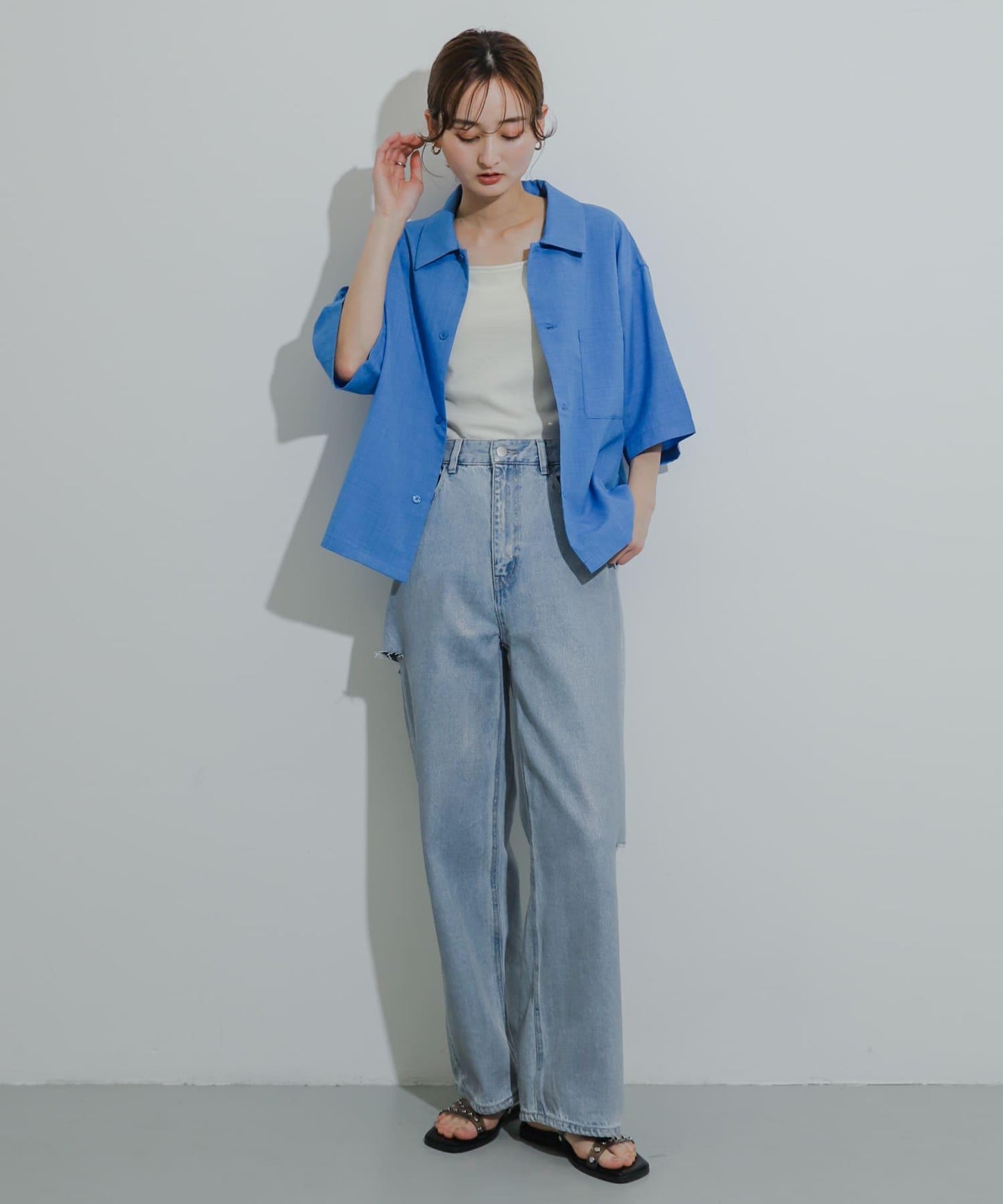 「易護理/套裝搭配/男女同款」亞麻感寬鬆五分袖襯衫