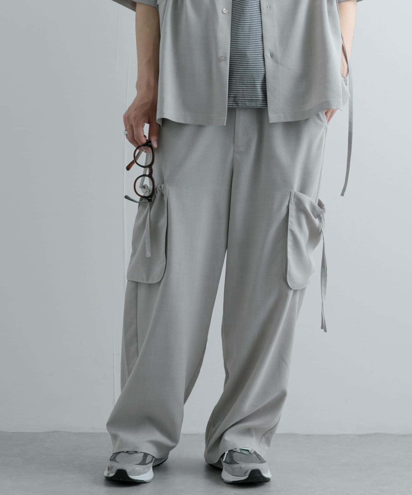 「套裝可搭配」亞麻感側袋寬鬆長褲