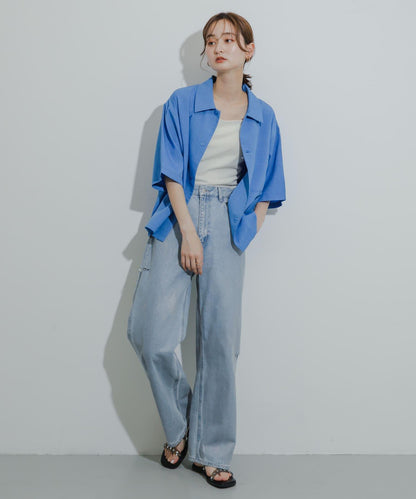 「易護理/套裝搭配/男女同款」亞麻感寬鬆五分袖襯衫