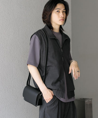 「易護理/套裝搭配」亞麻風立領雙拉鍊馬甲