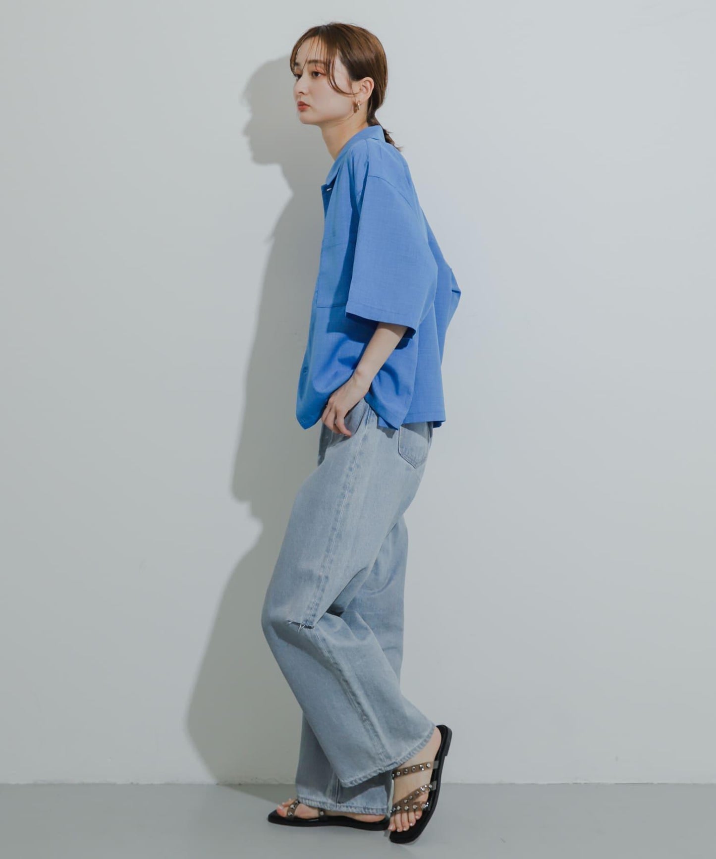 「易護理/套裝搭配/男女同款」亞麻感寬鬆五分袖襯衫