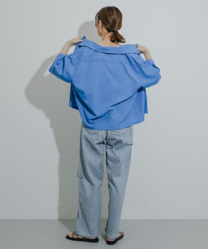 「易護理/套裝搭配/男女同款」亞麻感寬鬆五分袖襯衫