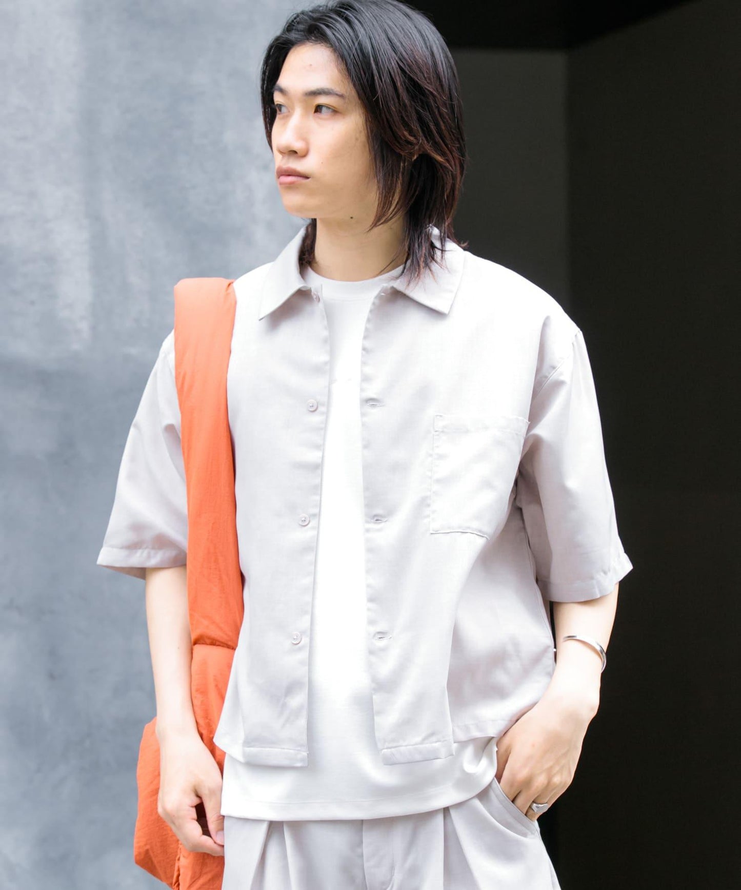 「易護理/套裝搭配/男女同款」亞麻感寬鬆五分袖襯衫