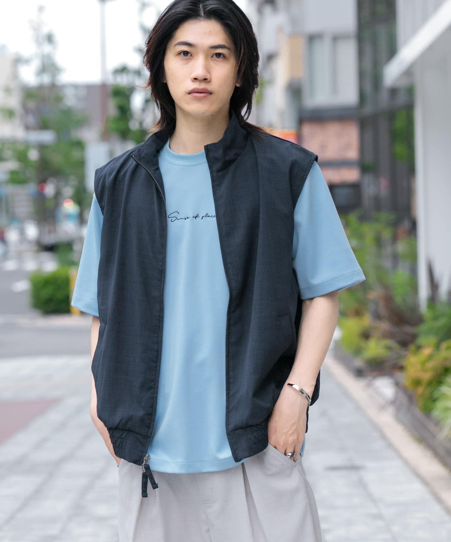 「易護理/套裝搭配」亞麻風立領雙拉鍊馬甲