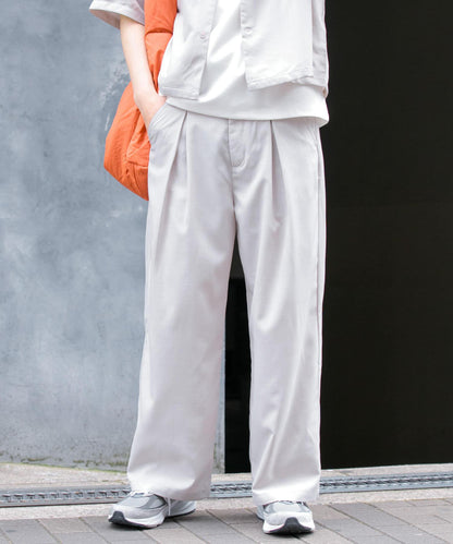 「易護理/套裝搭配」亞麻感褶皺寬腿褲