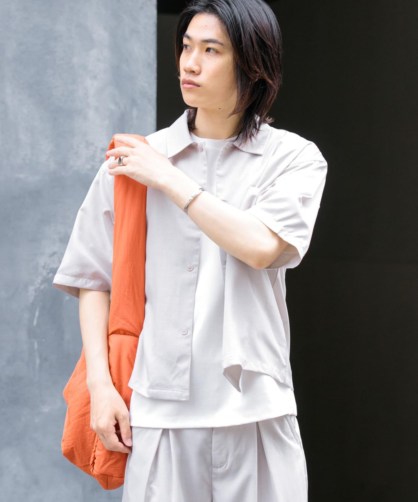 「易護理/套裝搭配/男女同款」亞麻感寬鬆五分袖襯衫