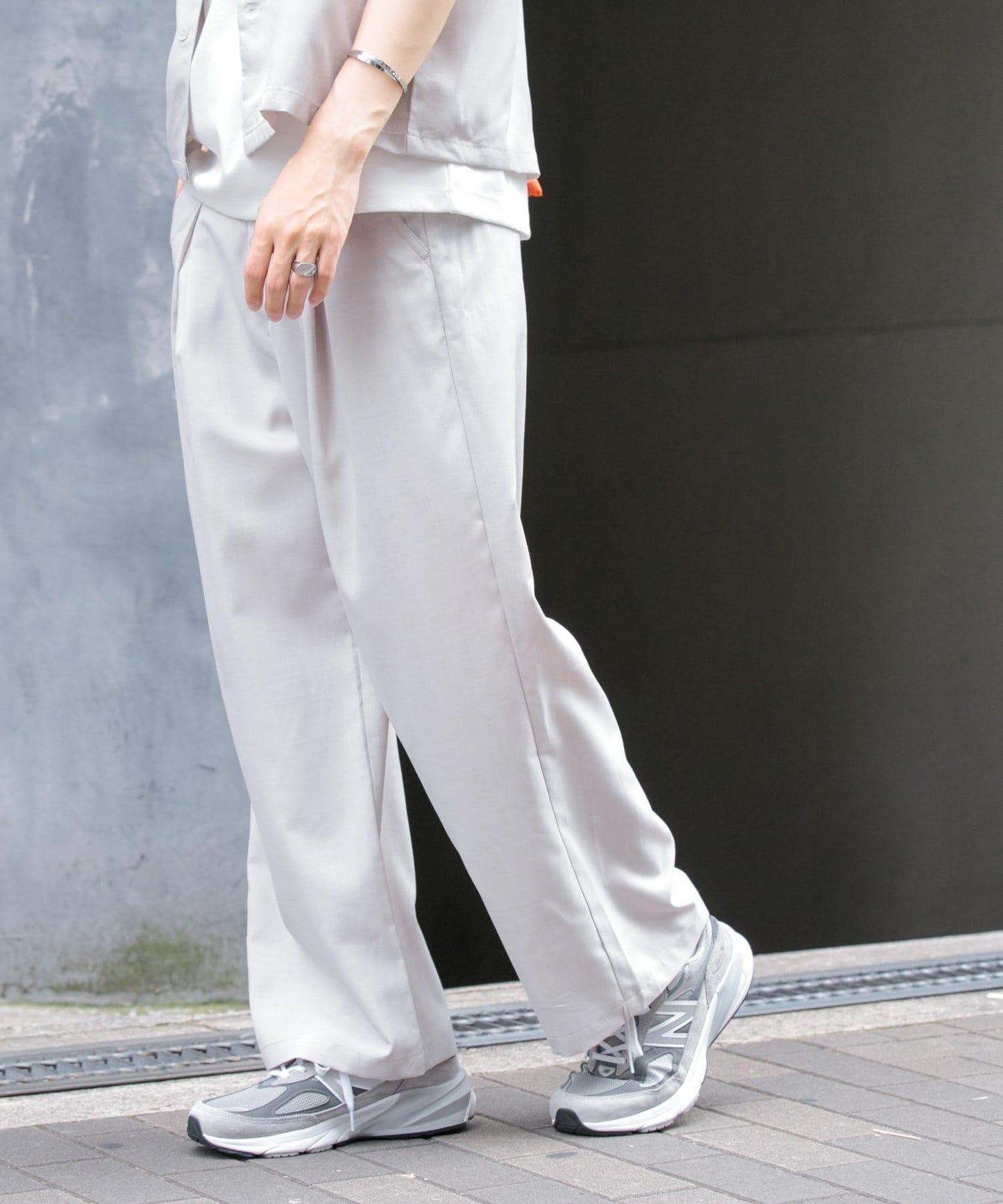 「易護理/套裝搭配」亞麻感褶皺寬腿褲