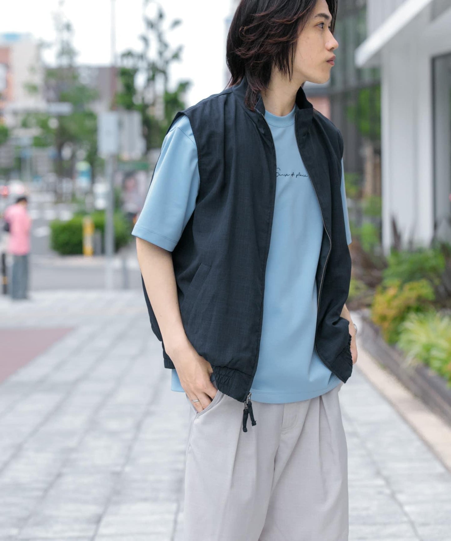 「易護理/套裝搭配」亞麻風立領雙拉鍊馬甲