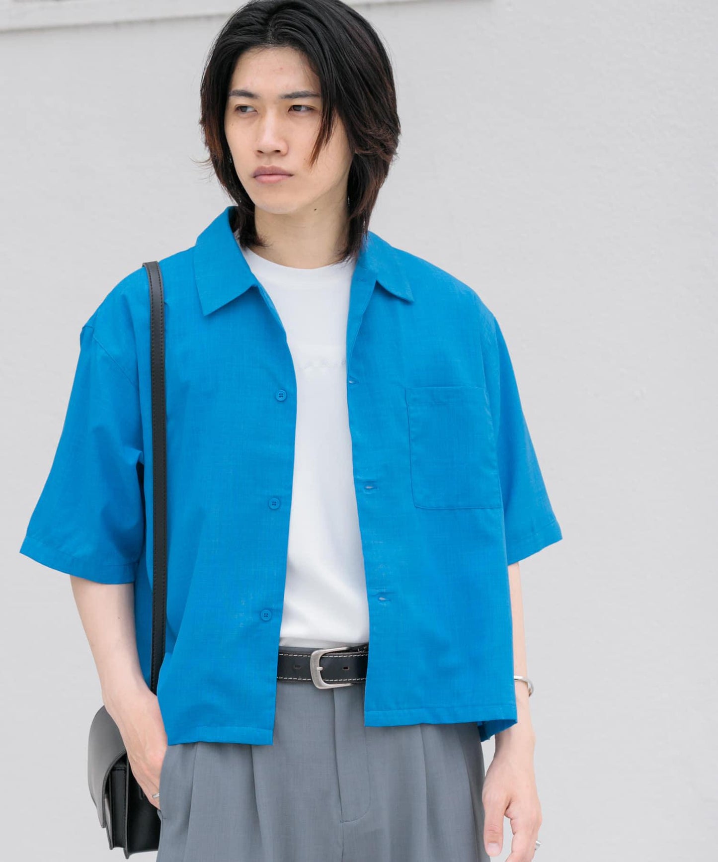 「易護理/套裝搭配/男女同款」亞麻感寬鬆五分袖襯衫