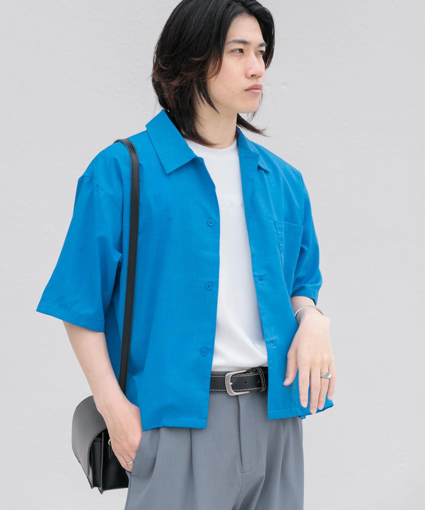 「易護理/套裝搭配/男女同款」亞麻感寬鬆五分袖襯衫