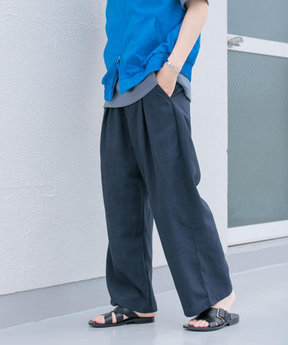「易護理/套裝搭配」亞麻感褶皺寬腿褲
