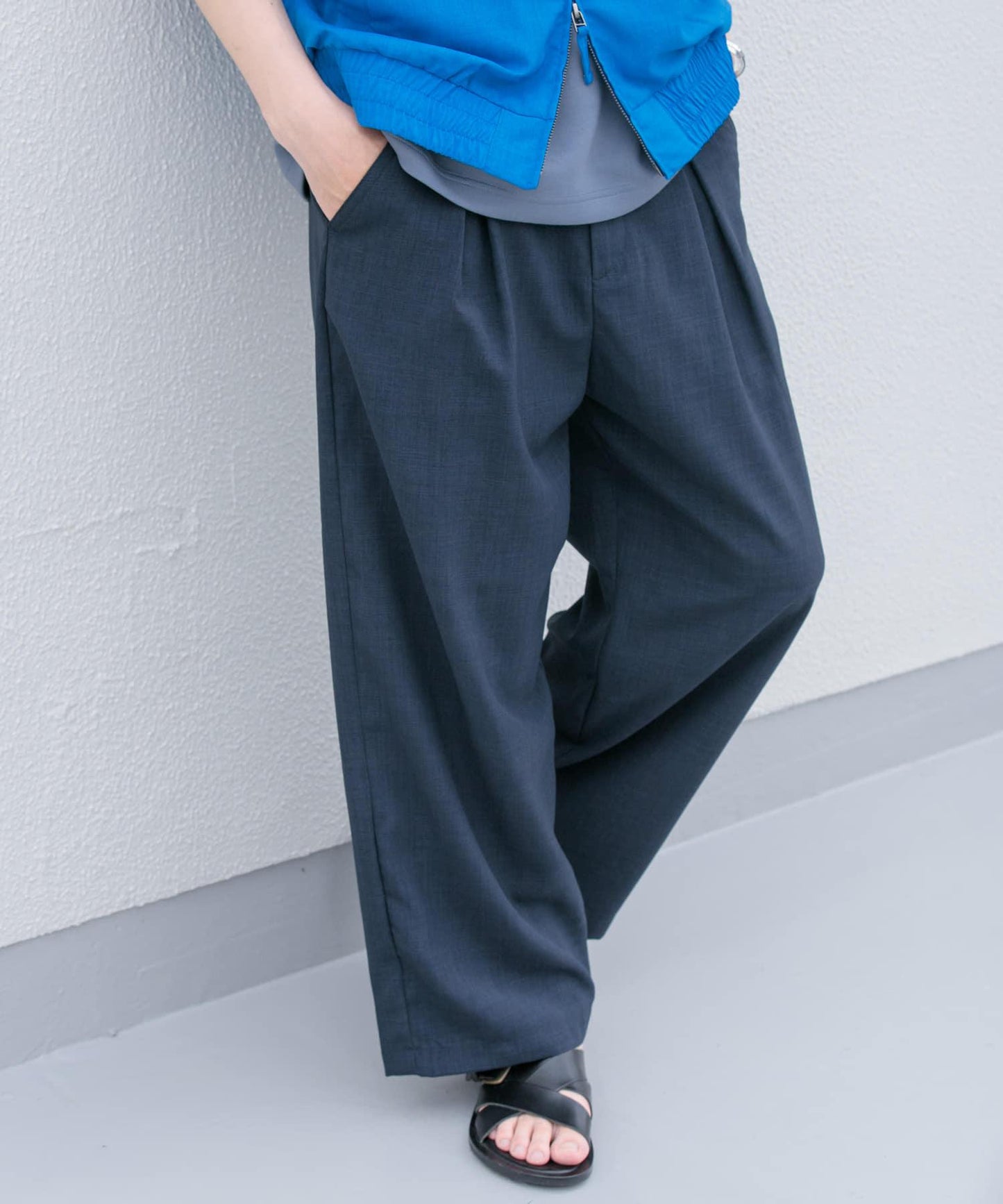 「易護理/套裝搭配」亞麻感褶皺寬腿褲