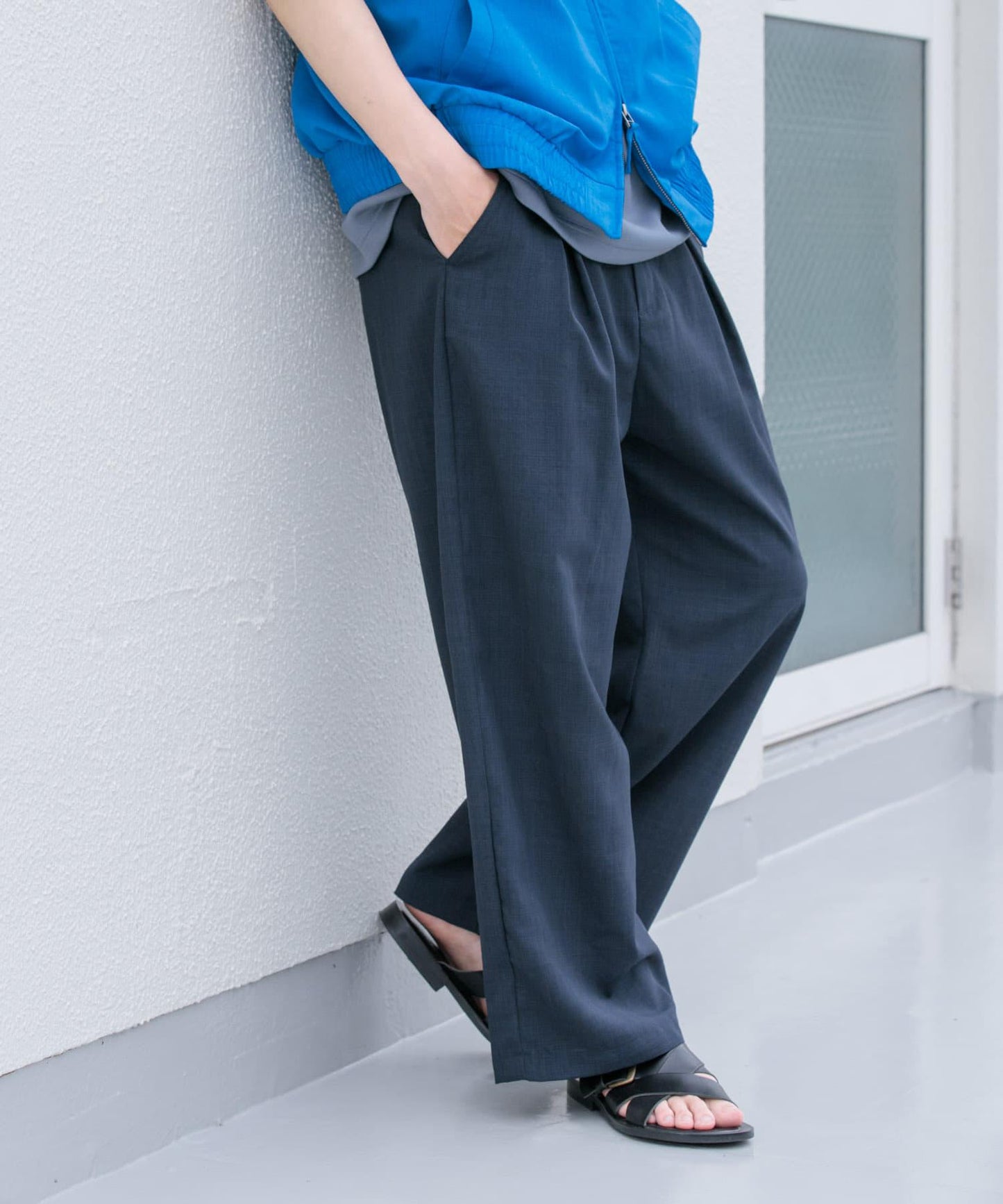 「易護理/套裝搭配」亞麻感褶皺寬腿褲