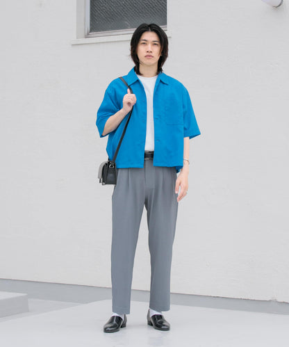 「易護理/套裝搭配/男女同款」亞麻感寬鬆五分袖襯衫