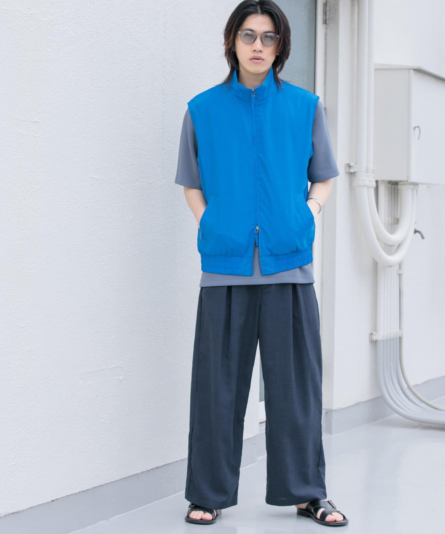 「易護理/套裝搭配」亞麻感褶皺寬腿褲