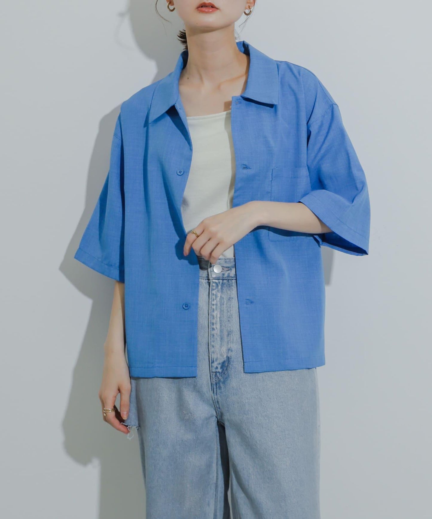 「易護理/套裝搭配/男女同款」亞麻感寬鬆五分袖襯衫