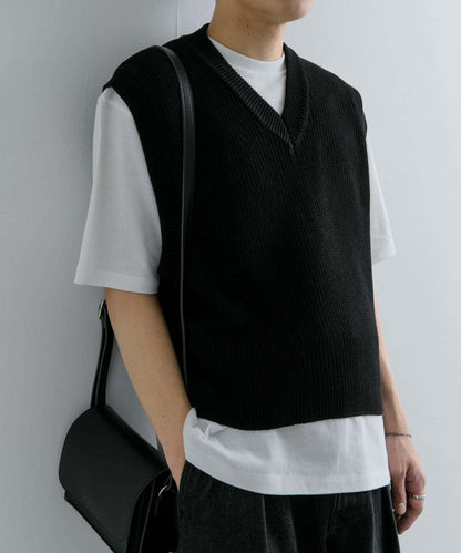 亞麻微短針織背心