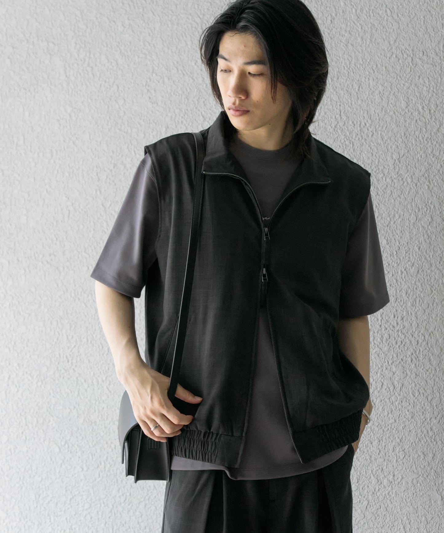 「易護理/套裝搭配」亞麻風立領雙拉鍊馬甲