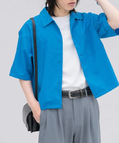 「易護理/套裝搭配/男女同款」亞麻感寬鬆五分袖襯衫