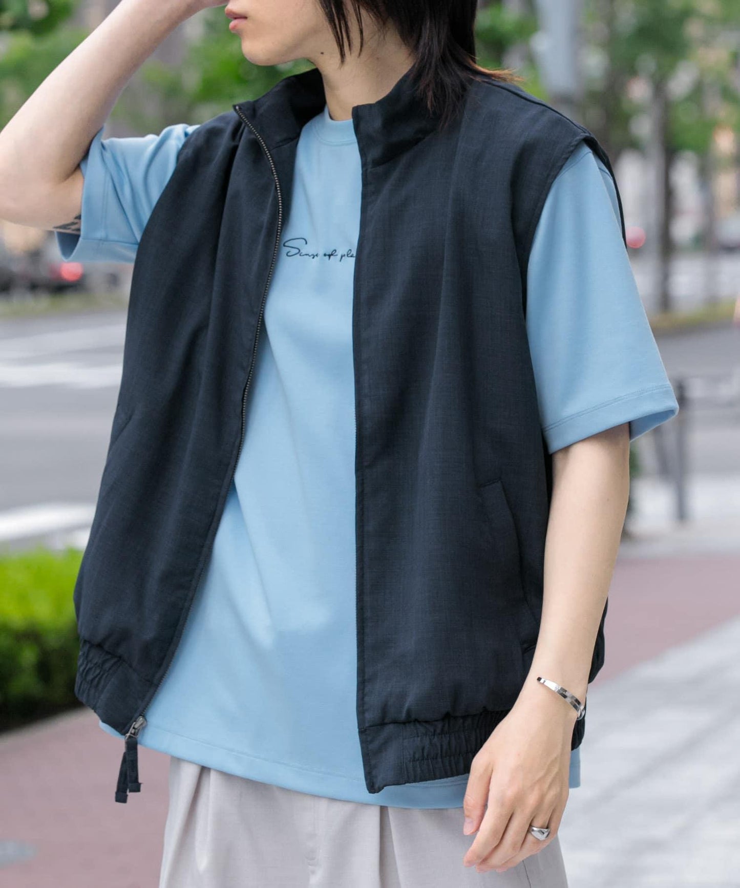 「易護理/套裝搭配」亞麻風立領雙拉鍊馬甲