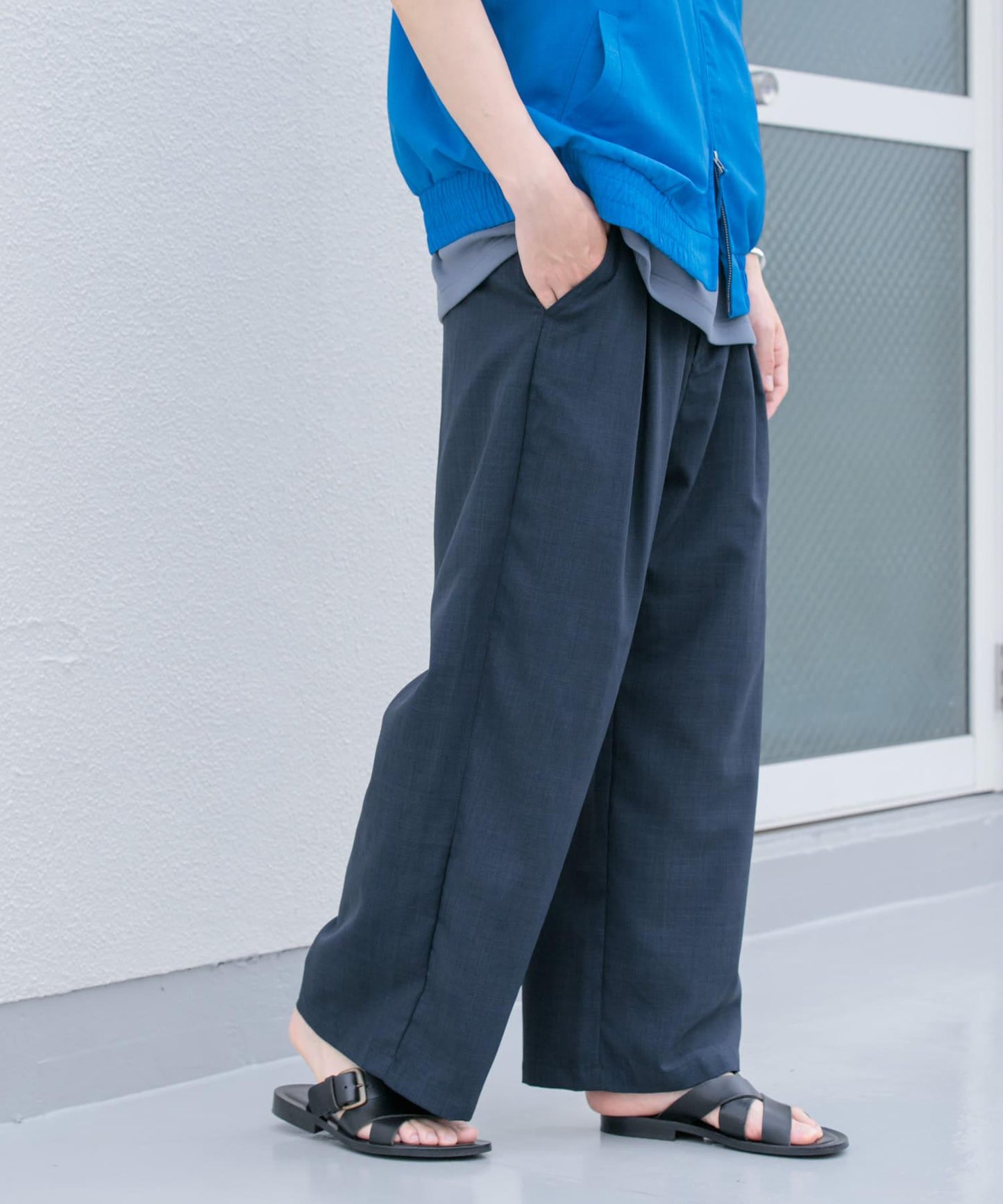 「易護理/套裝搭配」亞麻感褶皺寬腿褲