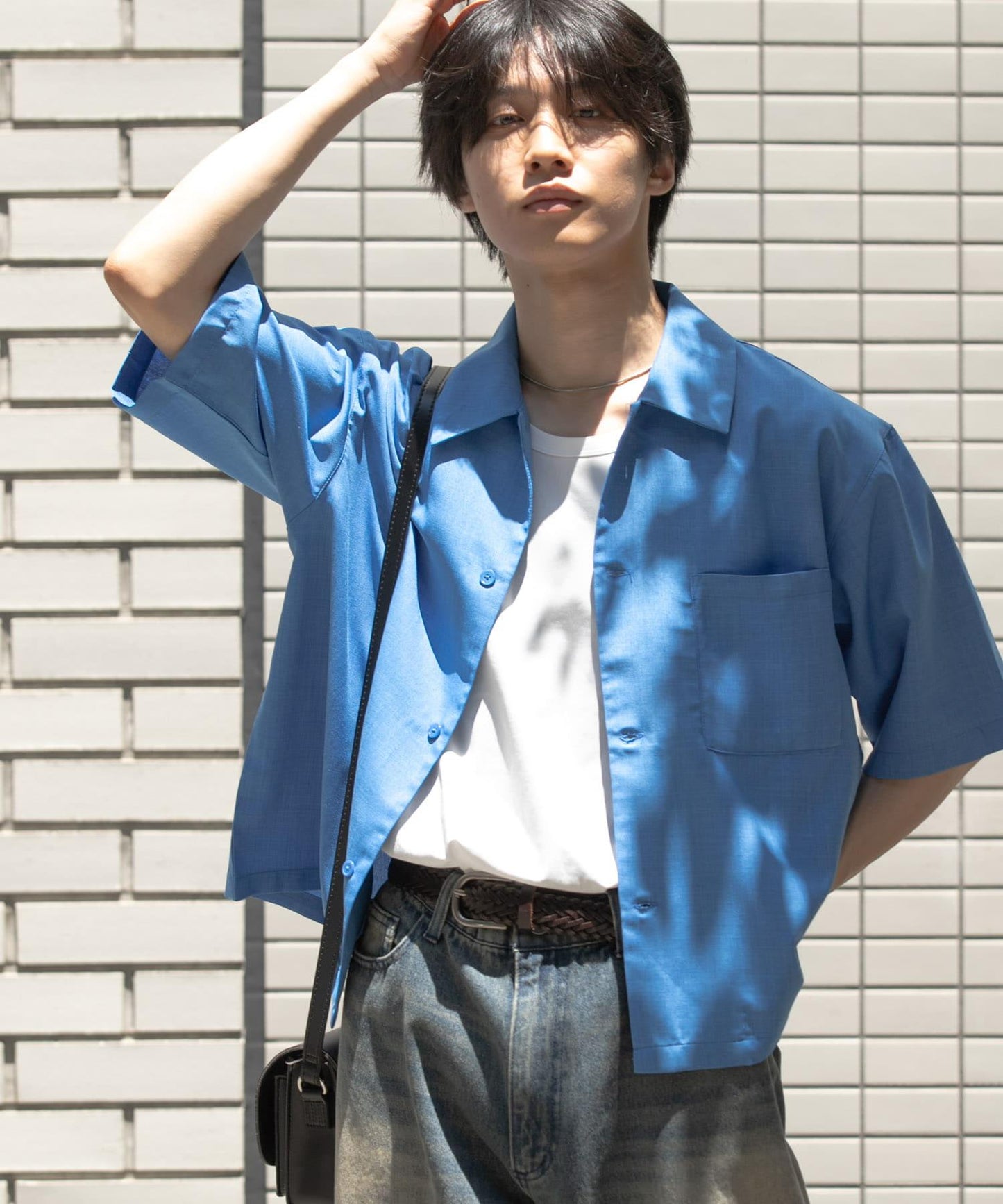 「易護理/套裝搭配/男女同款」亞麻感寬鬆五分袖襯衫