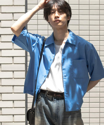 「易護理/套裝搭配/男女同款」亞麻感寬鬆五分袖襯衫