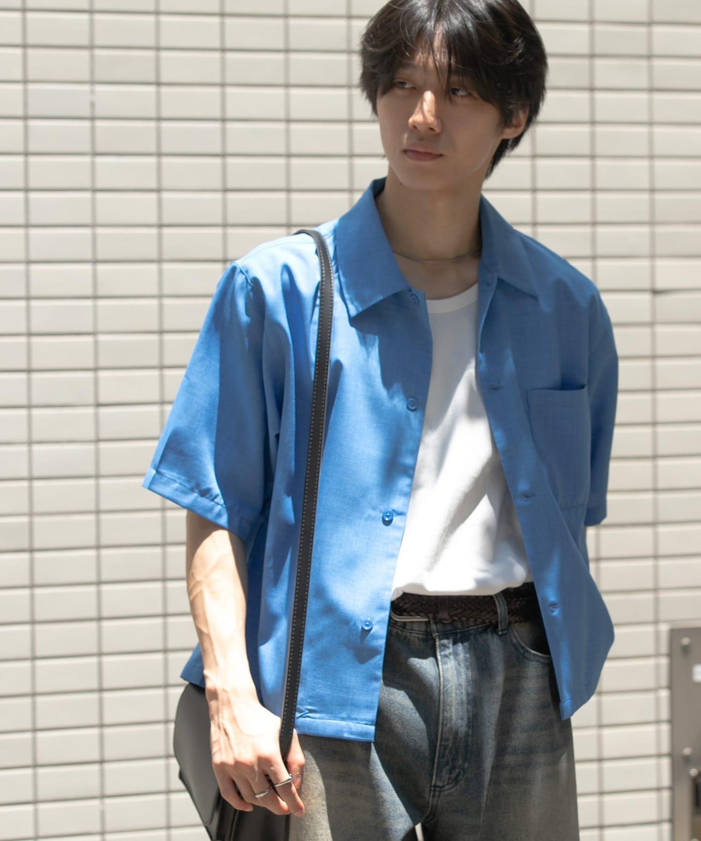 「易護理/套裝搭配/男女同款」亞麻感寬鬆五分袖襯衫