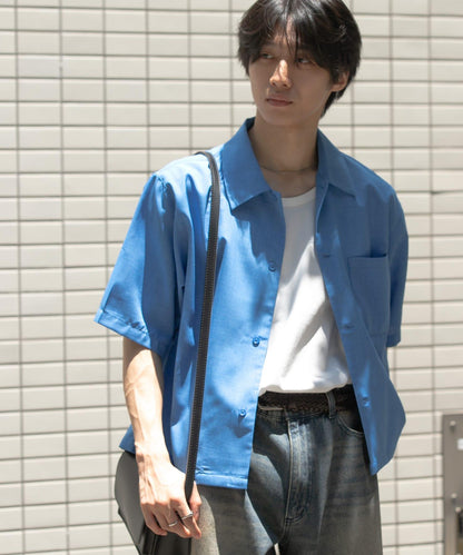 「易護理/套裝搭配/男女同款」亞麻感寬鬆五分袖襯衫