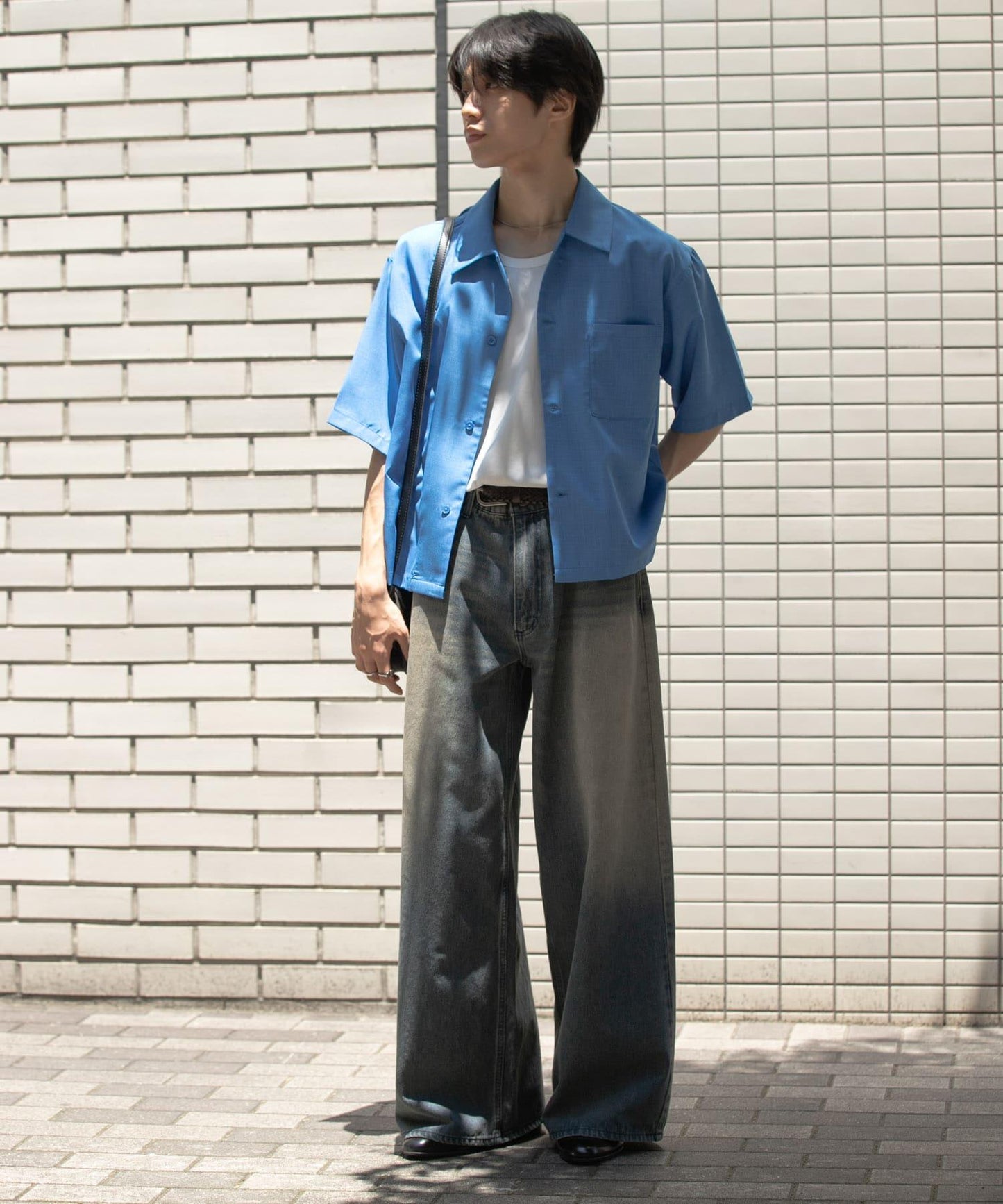 「易護理/套裝搭配/男女同款」亞麻感寬鬆五分袖襯衫