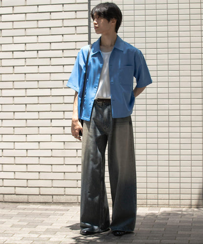 「易護理/套裝搭配/男女同款」亞麻感寬鬆五分袖襯衫