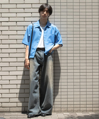 「易護理/套裝搭配/男女同款」亞麻感寬鬆五分袖襯衫