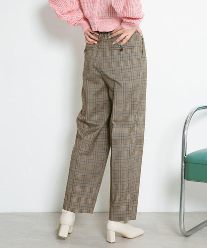 中線壓褶寬鬆格紋長褲