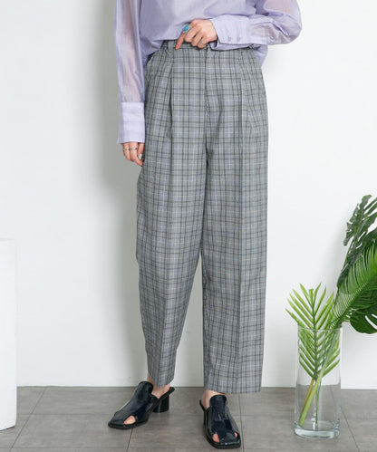 中線壓褶寬鬆格紋長褲