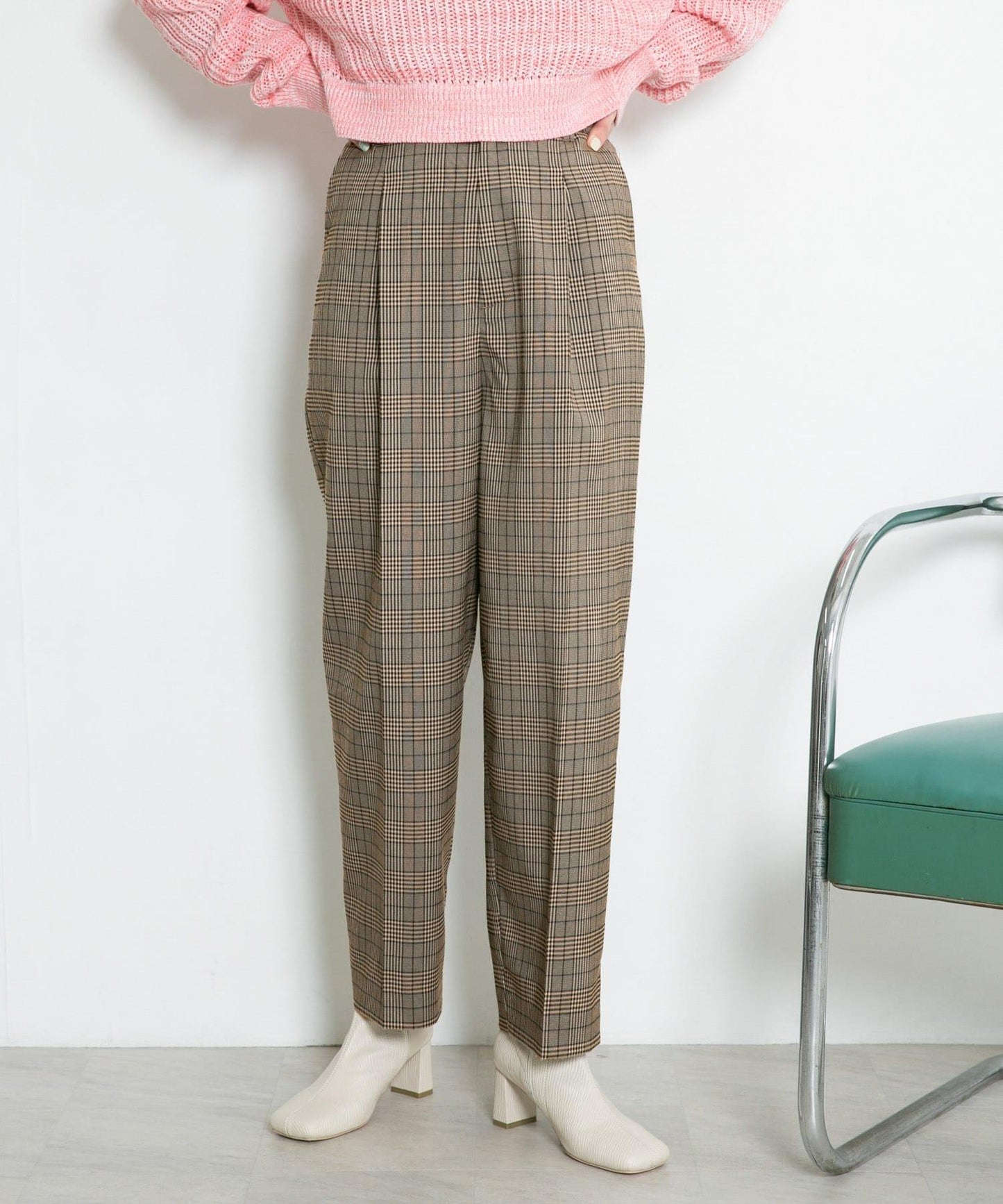 中線壓褶寬鬆格紋長褲