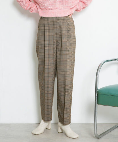 中線壓褶寬鬆格紋長褲