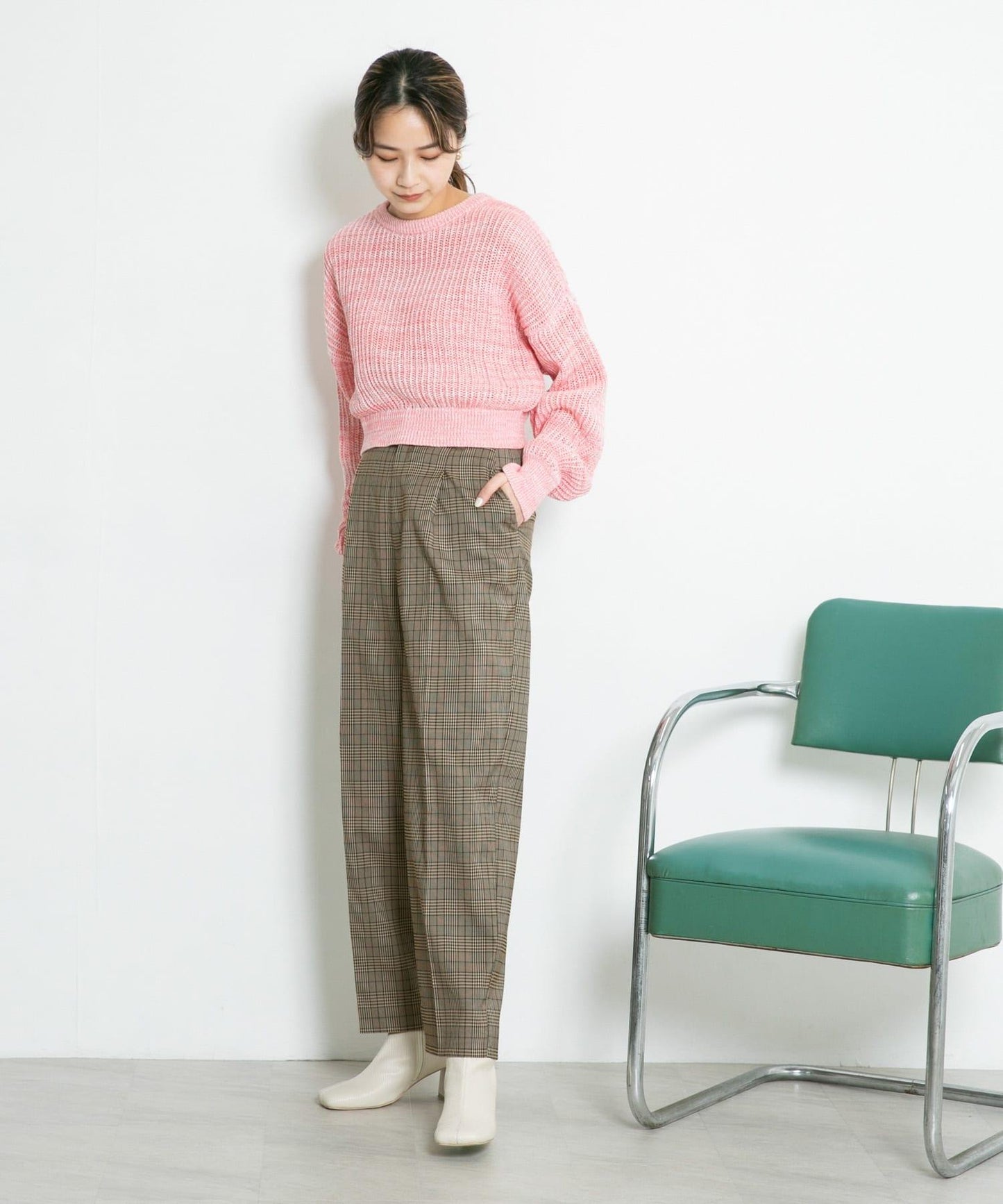 中線壓褶寬鬆格紋長褲