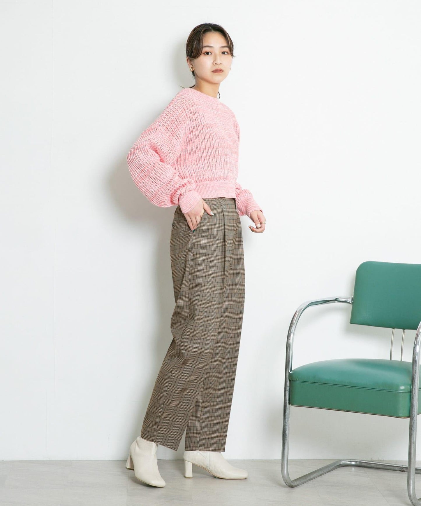 中線壓褶寬鬆格紋長褲